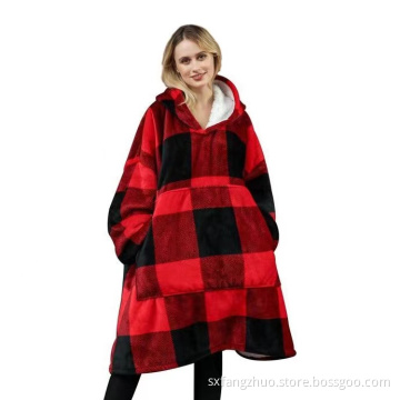 Plaid Wearable Giant Pocket Sherpa Winter Blanket Hoodies
